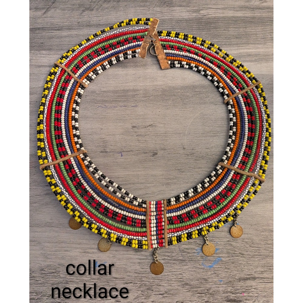 Maasai Beaded Collar Necklace Tribal Statement Bib Multi Color Boho Coin Charms